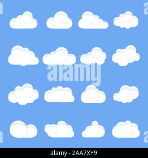 Cloud Cartoon. Satz von verschiedenen cartoon Wolken. Wolken auf einem isolierten blauen Hintergrund. Vector Illustration Stock Vektor