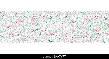 Hand gezeichnet Bunte Folk Doodle Weihnachten Laub, Rot Stechpalme Beeren, Mistltoe, Tanne und Kiefer Niederlassungen auf weißem Hintergrund Vektor nahtlose Muster Stock Vektor