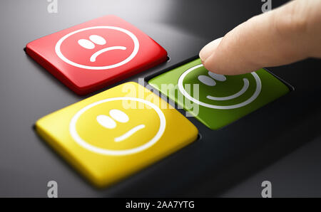 Finger drücken der Schaltfläche gerne auf einen Kunden feedback Gerät. Das zusammengesetzte Bild zwischen einem Finger Fotografie und 3D-Hintergrund. Stockfoto