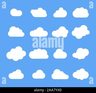 Cloud Cartoon. Satz von verschiedenen cartoon Wolken. Wolken auf einem isolierten blauen Hintergrund. Vector Illustration Stock Vektor