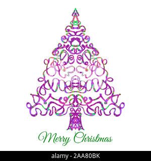 Eine reich verzierte Weihnachtsbaum mit Text frohe Weihnachten. Stockfoto