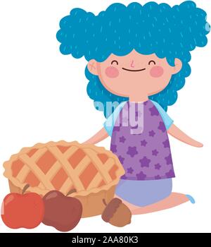 Happy Thanksgiving Day lächelnde Mädchen mit pie Äpfel und Acorn Vector Illustration Stock Vektor