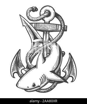 Emblem von Hai und Anker in die Seile in Tattoo Stil gezeichnet. Vektor illustartion. Stock Vektor