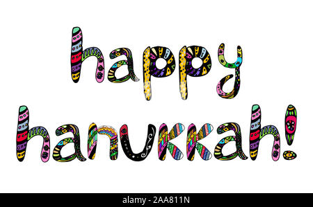 Die bunten Aufschrift Happy Chanukka. Chanukia auf Briefen. Hand zeichnen, Doodle. Abbildung auf isolierte Hintergrund. Stockfoto