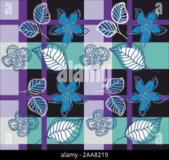 Schöne Blumen Muster auf kariertem Hintergrund für textile Muster. Nahtlose floral background. Tartan Stoff drucken. - Vektor Stock Vektor