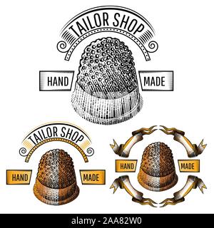 Drei Gravur Banner mit goldenen und schwarzen Fingerhut in der Mitte der Bänder isoliert auf Weiss. Vintage Style für maßgeschneiderte oder Nähen design Stock Vektor