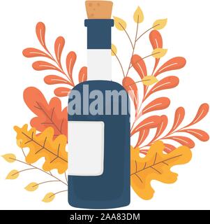 Happy Thanksgiving Day Wein Flasche Laub herbst Vector Illustration Stock Vektor