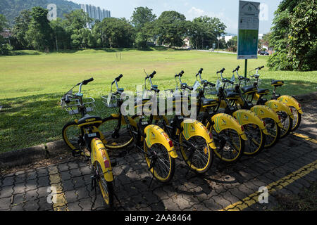 Taiping, Malaysia - 22 Jun, 2018: Fahrrad-sharing Service für die Vermietung an zu niedrigen Rate an um Taiping See Garten, Taiping, Malaysia - eine lockere Fahrt Stockfoto