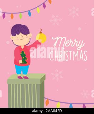 Frohe Weihnachten Junge in Geschenk mit Kugel und Beleuchtung Dekoration Vector Illustration Stock Vektor