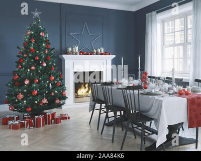 3D-Illustration. Nordic Wohnzimmer mit Weihnachtsdekoration. Stockfoto