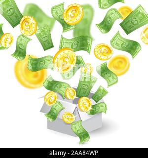 Goldene Münzen und Banknoten mit Tiefenschärfe Wirkung fliegen von geöffneten weißen Geschenkbox Stock Vektor