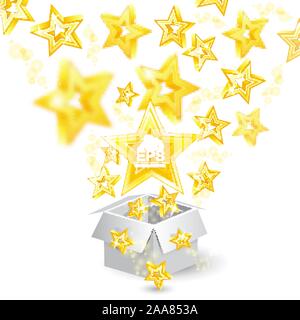 Goldene Sterne mit Tiefenschärfe Wirkung fliegen von open box Stock Vektor