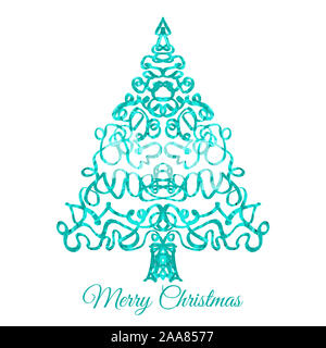 Eine reich verzierte Weihnachtsbaum mit Text frohe Weihnachten. Stockfoto