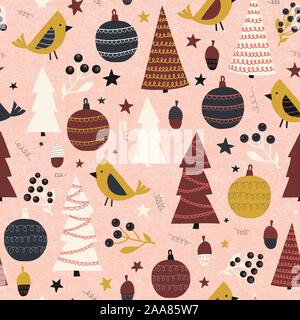 Weihnachten Bäume, Vögel, Ornamente, Misteln nahtlose Vektor Hintergrund. Im skandinavischen Stil weiblich Weihnachten, sich wiederholendes Muster. Winter Stock Vektor