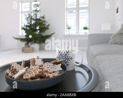 3D-Illustration. Nordic Wohnzimmer mit Weihnachtsdekoration. Stockfoto