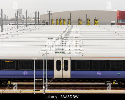 London, England, UK - 22. Februar 2019: Dutzende von neuen Klasse 345 Elizabeth Line Nahverkehrszüge sitzen in gleisanschlüsse an der alten Eiche gemeinsamen Zug Mainenanc Stockfoto