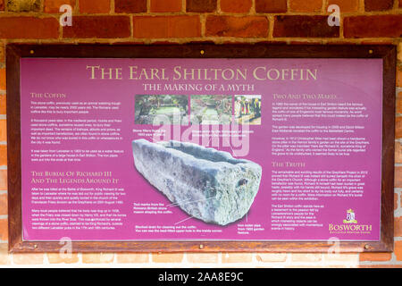 Der Earl Shilton Sarg Information Board auf Anzeige an der Bosworth Battlefield Heritage Centre, Sutton Cheney, Leicestershire, England, Großbritannien Stockfoto