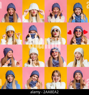 Collage von jungen Winter Frau Ausdrücke und Gefühle Stockfoto