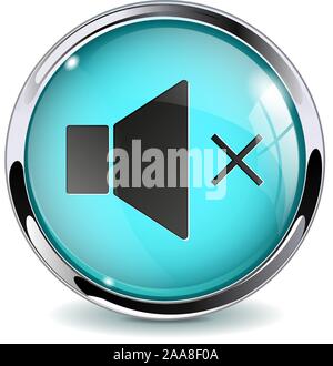 Web-Taste Lautstärke aus. Blaues Glas 3d Symbol mit Metallrahmen Stock Vektor