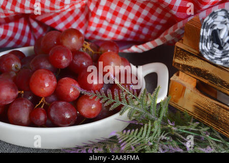 Rote Trauben mit Wassertropfen in weiße Platte Stockfoto