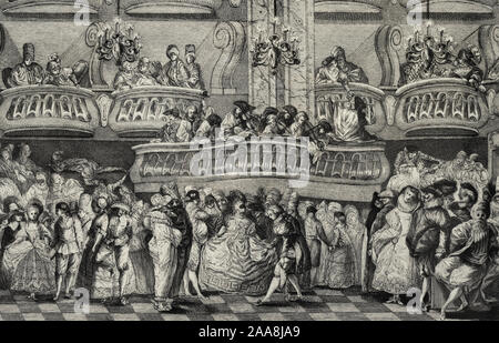 Geschichte von Spanien. Maskenball im Coliseo del Principe, ca. 1771-1802. Von Juan Antonio Salvador Carmona (1740-1805). Ätzen und Gravur auf Papier. Detail. History Museum. Madrid. Spanien. Stockfoto