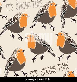 Niedlichen Vögel nahtlose Vektor Muster, Hand gezeichnet Robin Hintergrund Stock Vektor