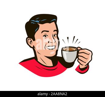Glücklicher Mann mit einer Tasse Kaffee in der Hand. Getränke im Pop-Art-Stil. Vektorgrafik Stock Vektor