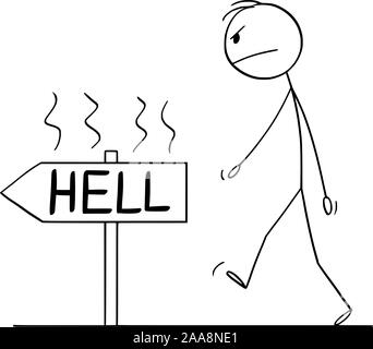 Vektor cartoon Strichmännchen Zeichnen konzeptionelle Darstellung der Verärgerten unhöflich Mann oder Geschäftsmann zu Fuß auf dem Weg in die Hölle. Konzept der Negativismus und böse. Stock Vektor