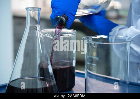 Biotech Wissenschaftler gießen lila Flüssigkeit während einer Wissenschaft expierment Stockfoto