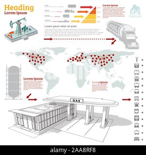 Business Infografik Design Template mit realistischen Gas rig Gas stantion und Informationen Stock Vektor