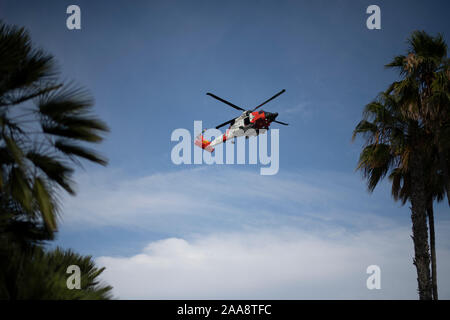 Coast Guard Helicopter Flying ablove Palmen an einem sonnigen Tag Stockfoto