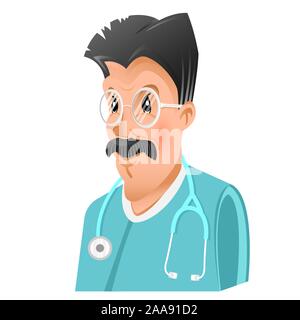 Flache Ikone der Arzt, Professor oder Wissenschaftler Mann mit schwarzem Haar und Bart nicht isoliert auf weißem Stock Vektor