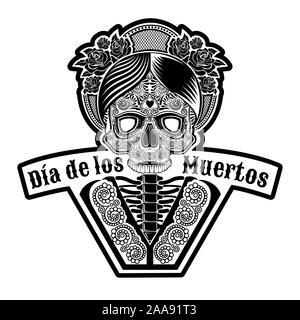 Weibliche Totenkopf mit Rose Kranz auf dem Kopf und im Gesicht. Symbol der Dia de Muertos Urlaub. Schwarz-weiß-Abbildung auf weißen isoliert Stock Vektor