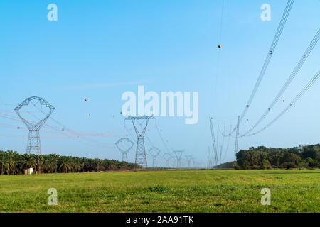 Blick auf Hochspannungs-Übertragungsturm, Masten und Umspannwerk für die elektrische Verteilung auf Amazonas Regenwald, Amazonas, Brasilien. Stockfoto