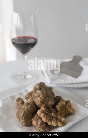 Mit weißen Trüffeln aus Alba in Italien. Eine saisonale Spezialität, in der Regel die Italienische Küche mit Pasta oder Ei serviert. Stockfoto