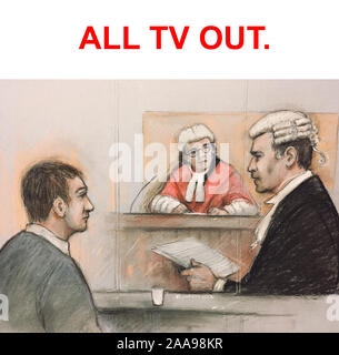 Alle TV OUT Gericht artist Skizze von Elizabeth Cook von Alexander Lewis-Ranwell (links) zuhören Richard Smith QC am Exeter Crown Court, Barrister, wie er vor Gericht beschuldigt von der Ermordung von drei Rentner in die Stadt gegangen ist. Stockfoto