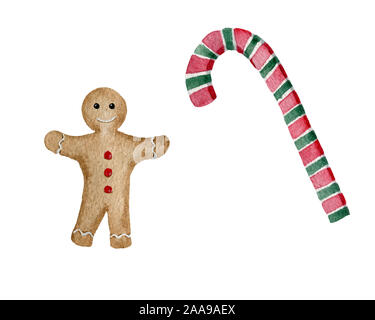 Aquarell Lebkuchen Cookie und Candy Cane, Weihnachten und Winter Urlaub Design Elemente isoliert auf weißem Stockfoto