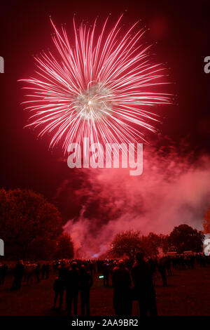 Feuerwerk an Harlow Town Park Essex, es gibt Leute, die sich für die Bild, aber Sie sind Silhouette und nicht identifizierbar Stockfoto