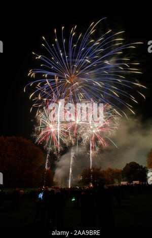 Feuerwerk an Harlow Town Park Essex, es gibt Leute, die sich für die Bild, aber Sie sind Silhouette und nicht identifizierbar Stockfoto