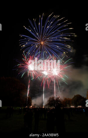 Feuerwerk an Harlow Town Park Essex, es gibt Leute, die sich für die Bild, aber Sie sind Silhouette und nicht identifizierbar Stockfoto