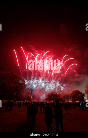 Feuerwerk an Harlow Town Park Essex, es gibt Leute, die sich für die Bild, aber Sie sind Silhouette und nicht identifizierbar Stockfoto