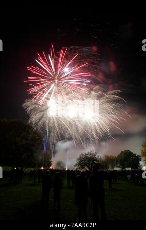 Feuerwerk an Harlow Town Park Essex, es gibt Leute, die sich für die Bild, aber Sie sind Silhouette und nicht identifizierbar Stockfoto