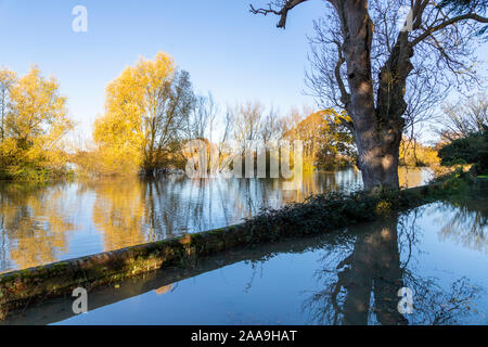 Hochwasser vom Fluss Severn kommen bis zu dem Friedhof Mauer in den Severn Vale Dorf Deerhurst, Gloucestershire UK am 18/11/2019 Stockfoto