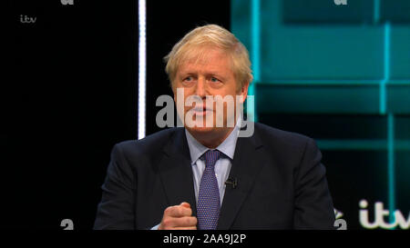 Broadcast-TV Video Capture, Vereinigtes Königreich. Nov, 2019 19. Der Führer der Jeremy Corbyn und Premierminister Boris Johnson Debatte live auf ITV heute abend als Teil der allgemeinen Wahlkampagne 2019. Datum: 20191119 - Kreditkarten: Equinox Licensing Ltd./Alamy leben Nachrichten Stockfoto