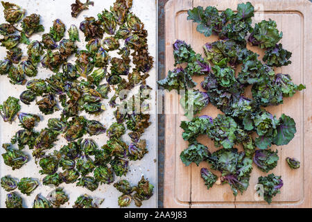 Brassica oleracea var. gemmifera. Gebratene Kalettes auf einem Tablett mit Ungekochtem Kalettes auf einem Holzbrett. Kale/Brussel sprout Kreuz Stockfoto