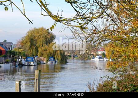 Die Themse in Laleham, Staines auf einem sonnigen, herbstlichen Tag, Surrey, England, Großbritannien Stockfoto