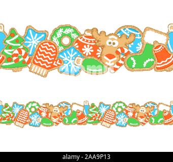 Lebkuchen Weihnachtsplätzchen nahtlose Grenze. Horizontale vektor Cartoon Muster für Rahmen. Hausgemachte Kekse mit Zuckerguss Stock Vektor