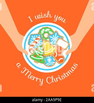 Frohe Weihnachten Grußkarte. Happy Holiday vektor Cartoon Illustration. Weihnachtsplätzchen auf Platte in der Frau die Hände. Lebkuchen hausgemachte Kekse d Stock Vektor