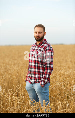 Portrait eines bärtigen Landwirt in einem Weizenfeld. Stylisches hipster Mann mit Trucker hat und kariertem Hemd auf. Landwirtschaftliche Arbeitnehmer Stockfoto