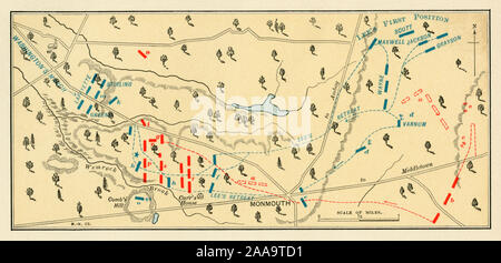Karte der Schlacht von Monmouth NJ, 1778, revolutionären Krieg. Farblithographie Stockfoto